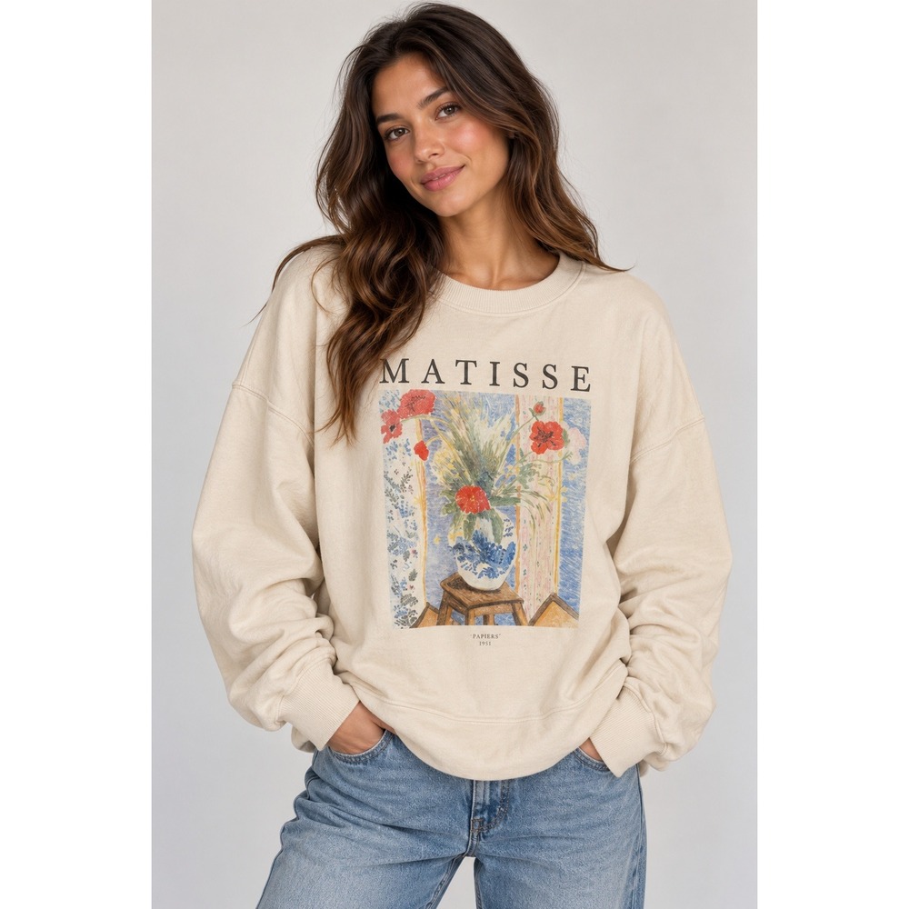 Abercrombie & Fitch Matisse Poppies Art Graphic Sweatshirt Cream XL_H